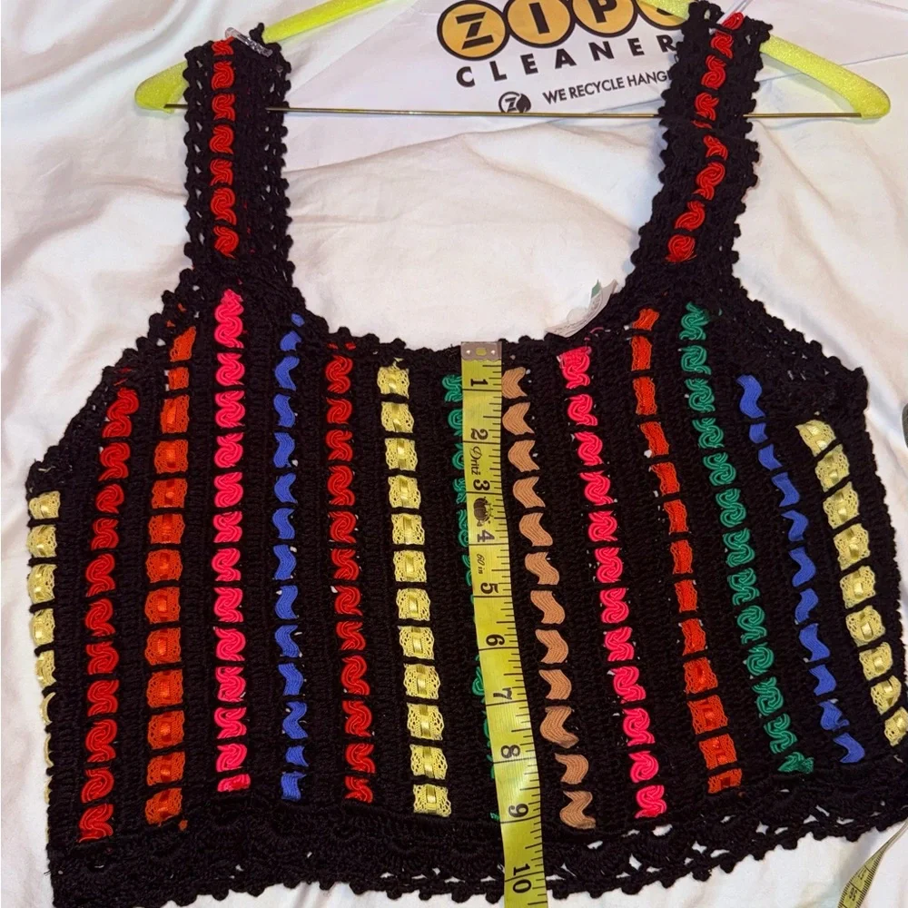 Alice + Olivia Lorri Crochet Crop Tank Top Black/Multi Size L - Picture 9 of 11